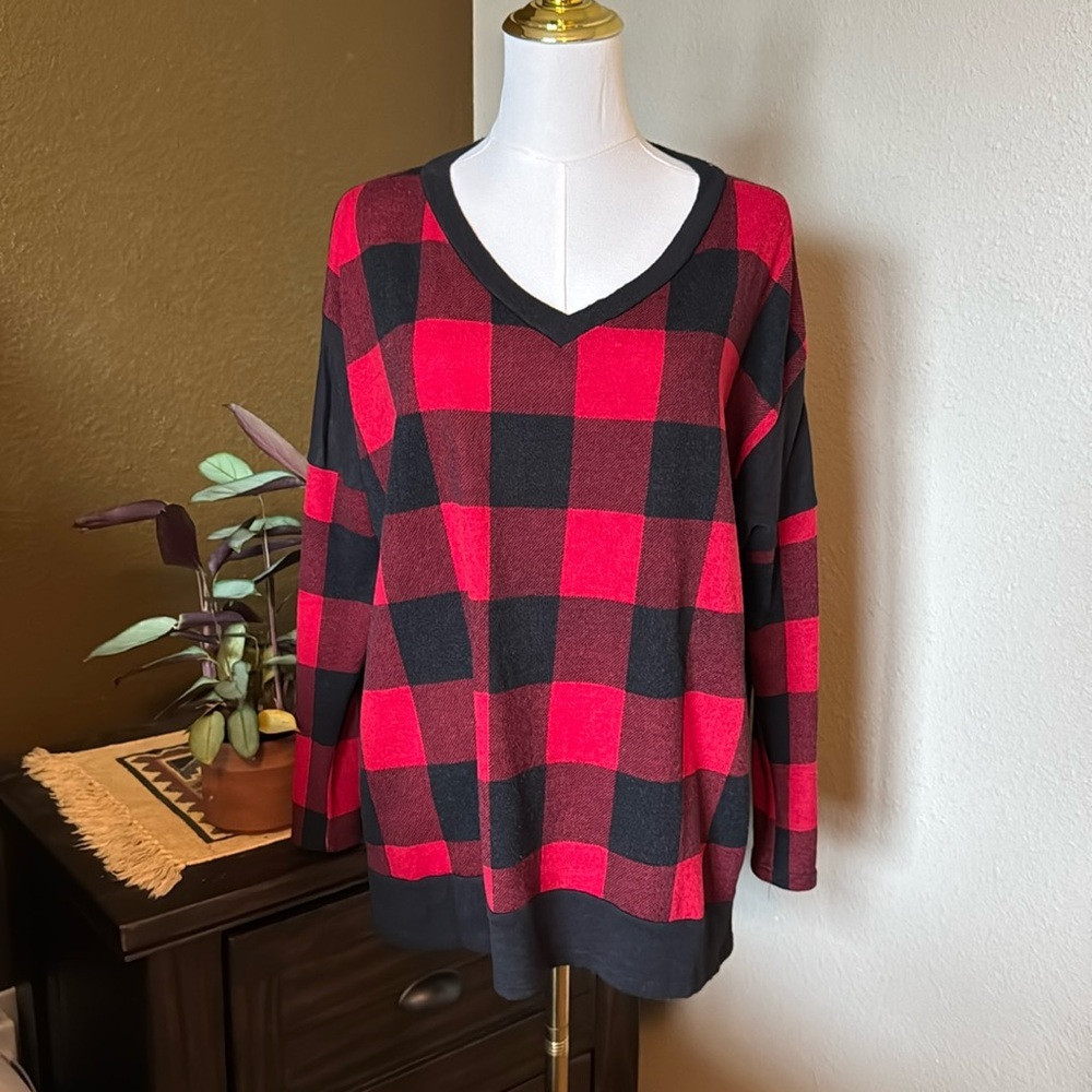 Red and Black Plaid V-Neck Sweater